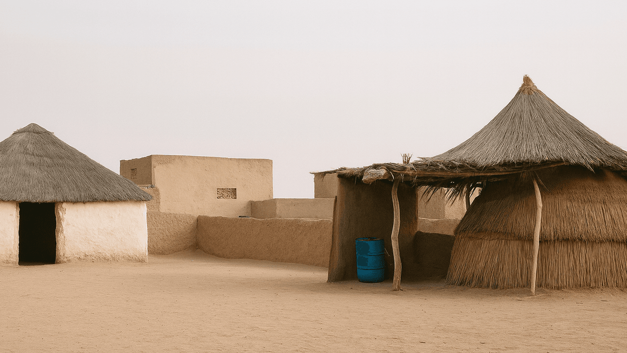 The image shows a rural village scene in East Sudan, with traditional huts made of straw and mud-brick houses. The ground is sandy, and the setting reflects the simplicity of village life in the region.