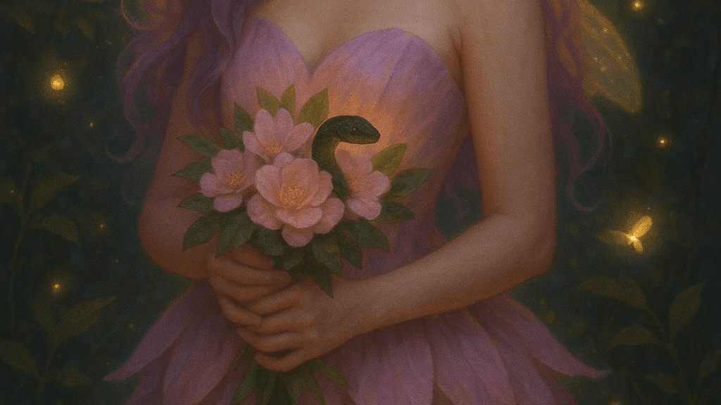 the waist portion of a female holding a bouquet of flowers with a snake