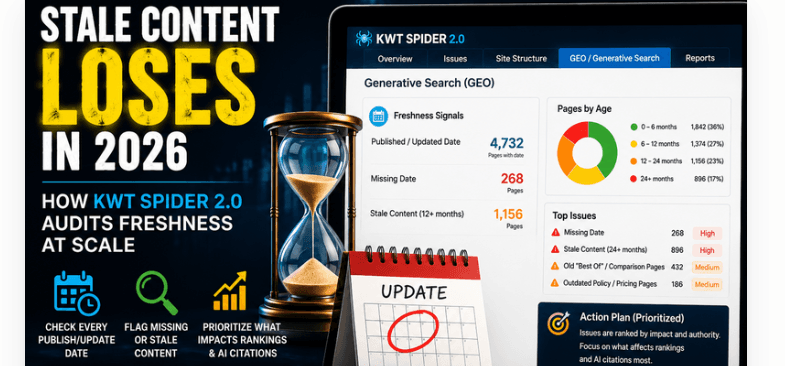 A KWT Spider 2.0 dashboard displays website freshness data, including published and updated dates, missing dates, pages grouped by age, and prioritized content issues