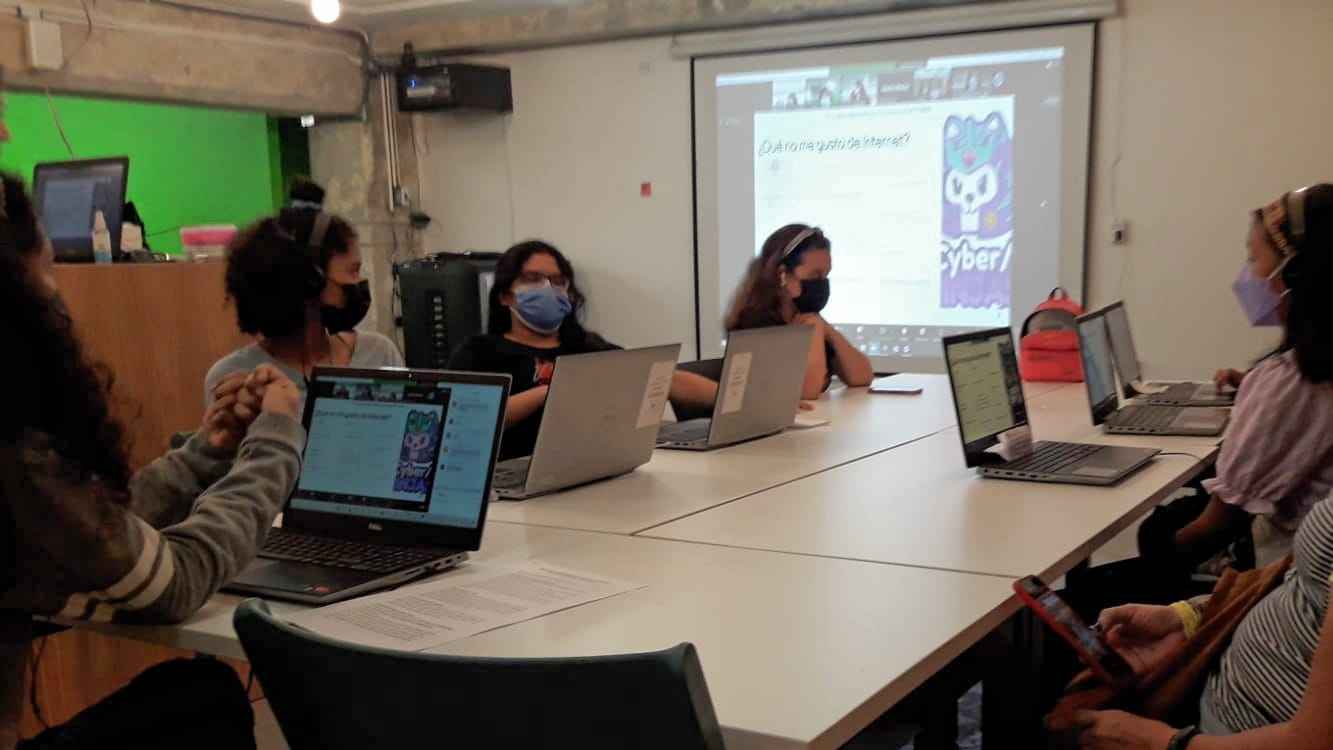 Girls taking a workshop with her laptops and a cat giving advice