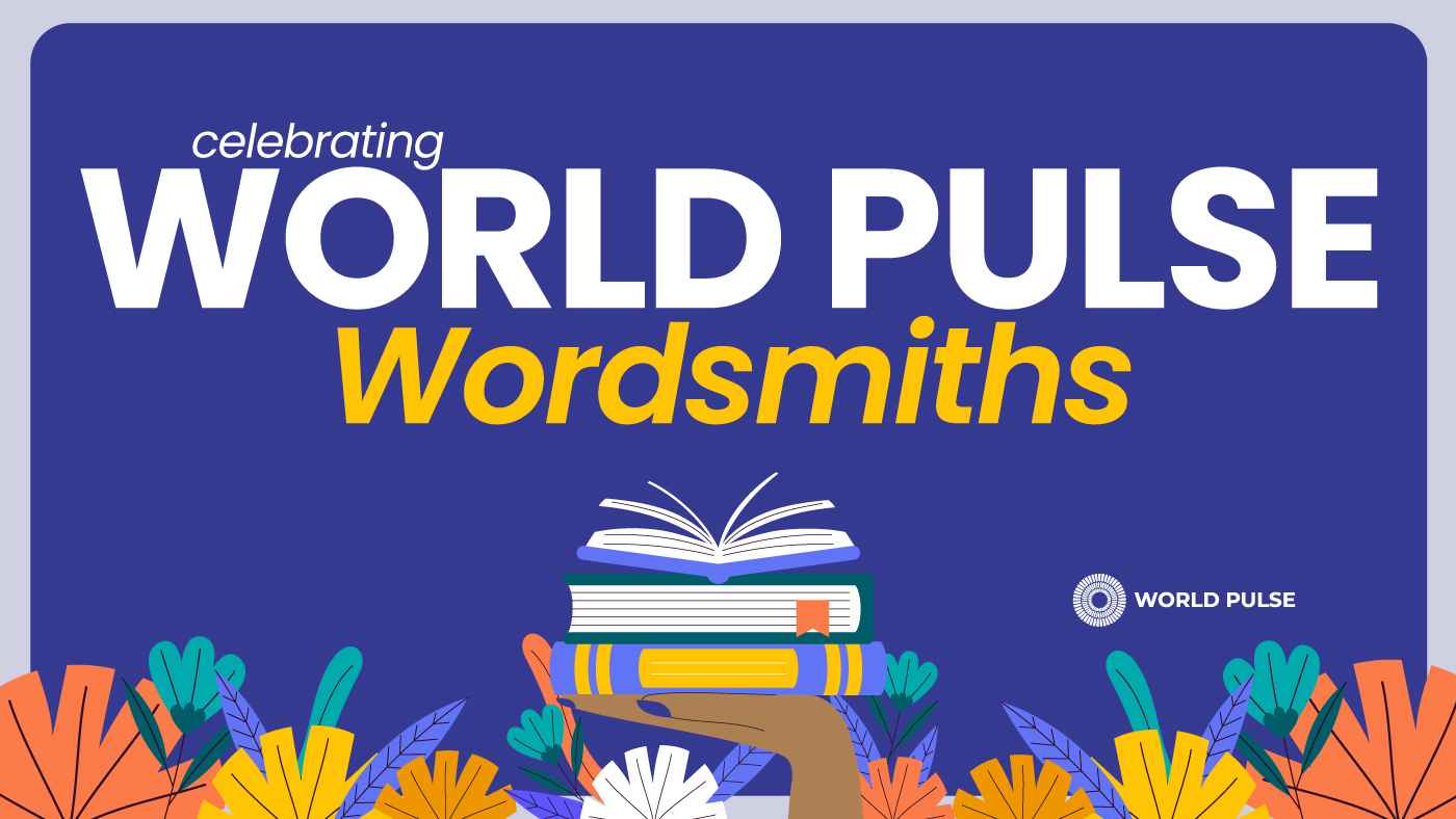 Celebrating World Pulse Wordsmiths on a dark purple graphic surrounded by florals and books with the World Pulse logo.