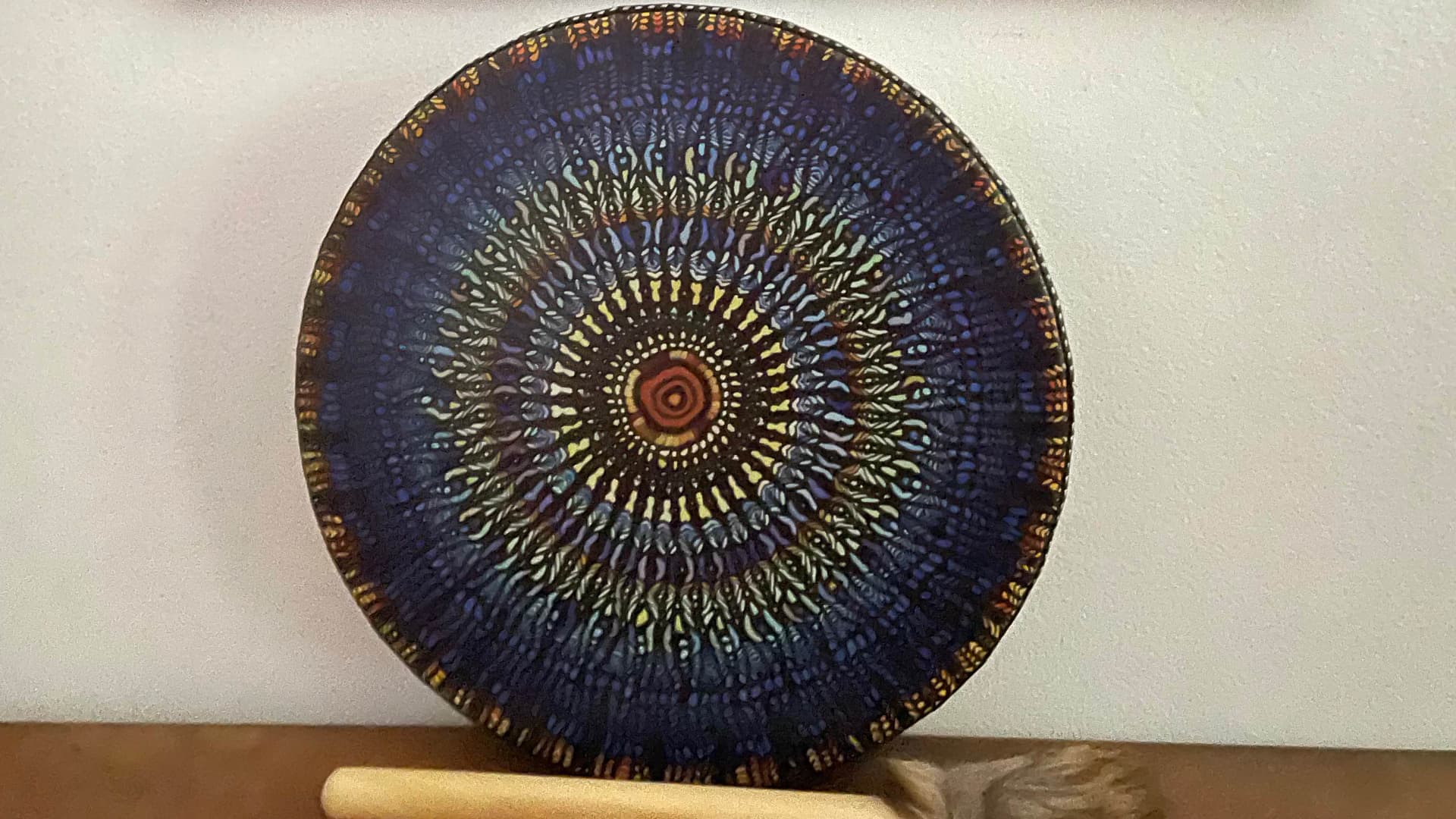 Frame drum painted as the inside of a tree