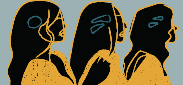A drawing of 3 woman together in a row.